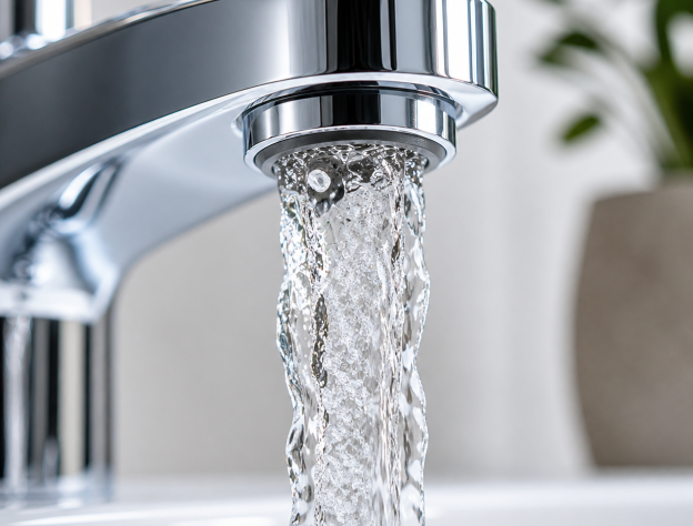 Close up image a basin tap producing water